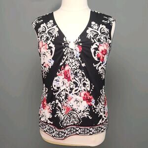 WHITE HOUSE BLACK MARKET Black White Pink Floral Sleeveless Career Knit Top XL